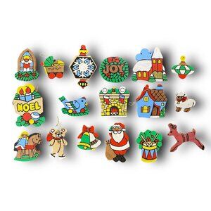 Vintage Wooden Flat Double-Sided Hand Painted Ornaments Lot of 17 Santa Noel